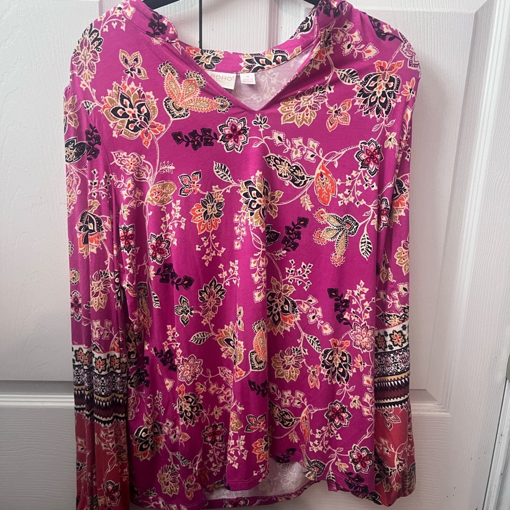Belle by Kim Gravel Floral Long Sleeve Top - Pink and Black